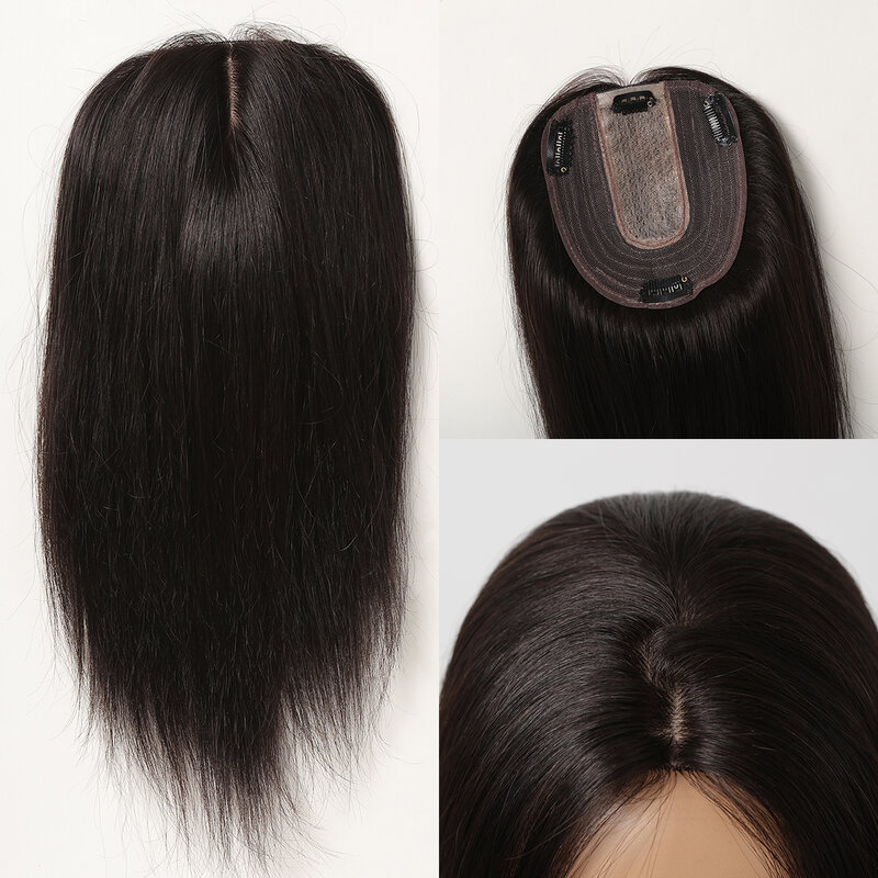 Extensiones de cabello humano 100% Remy para mujer, piezas de cabello negro Natural con Base de seda adelgazante, Clip en la parte media