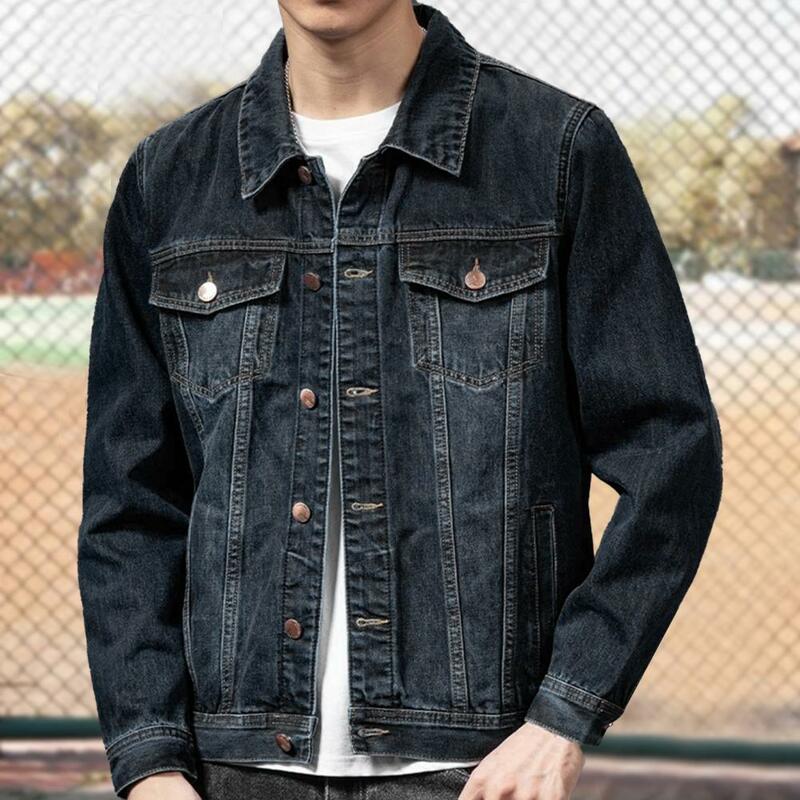 Slim Fit Mantel stilvolle Herren Jeans jacke mit mehreren Taschen Revers einfarbig einreihige Strickjacke koreanischen Stil für Männer