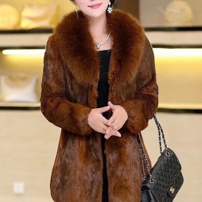 Qualidade superior M-6XL oversize jaqueta chique e elegante feminino fuax casaco de pele muito quente à prova de vento falso vison pele mãe com decote em v roupa