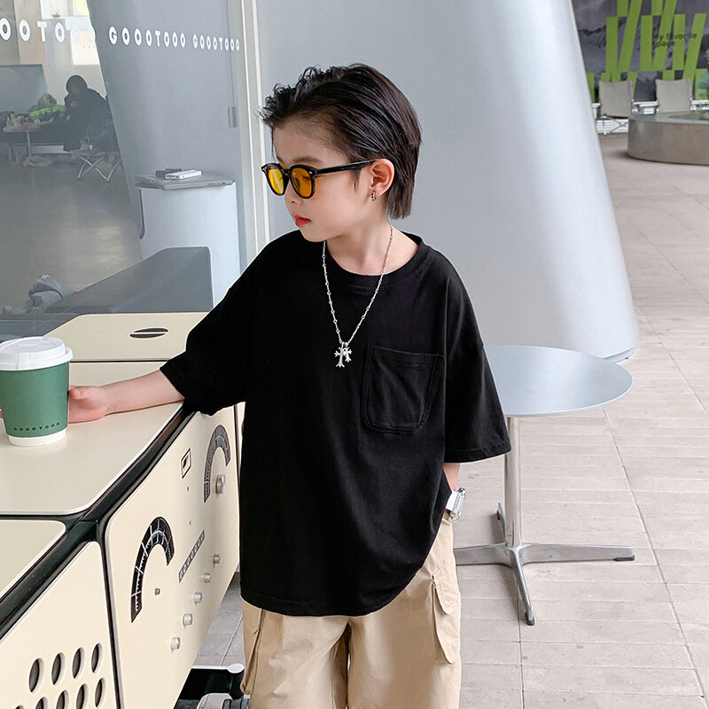 Fashion Brand Boys' Pure Cotton Solid ColorTSummer Shirt2024New Children's Short-Sleeved T-shirt Middle and Big Children's Half-