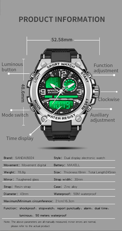 SANDA-Relógio de quartzo impermeável masculino, relógio de pulso militar, relógio esportivo, 5ATM, marca superior, 6024, 2024