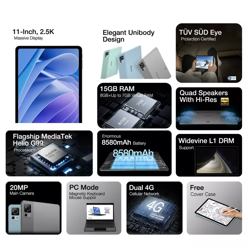 DOOGEE T30 Pro 태블릿 PC, 8GB + 256GB Helio G99, 11 인치 2.5K 디스플레이, TUV 인증, 8580mAh 20MP 메인 카메라, 고해상도 쿼드 스피커