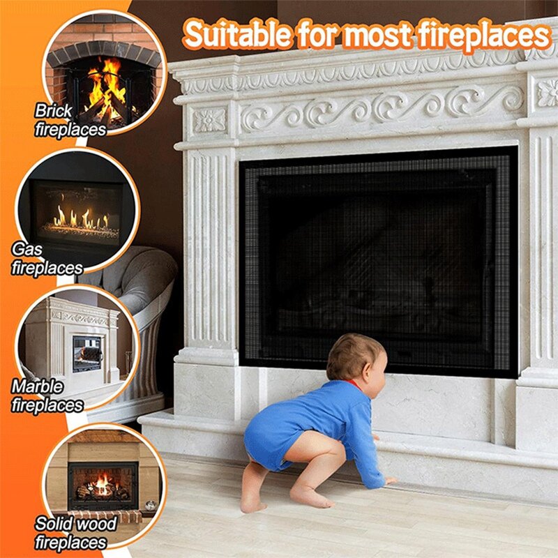 ABSF Fireplace Screen Mesh Cover PVC Fireplace Cover Pet Proof With Hooks And Loops Fireplace Safety Cover For Kids