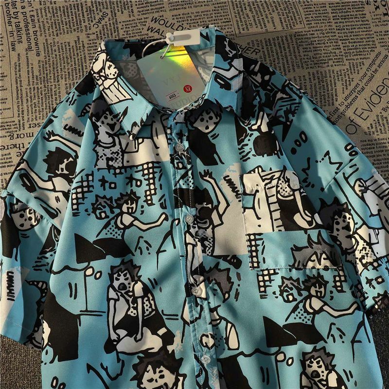 Camisa con estampado de dibujos animados japoneses para mujer, camisa de manga corta con botones, blusas florales Vintage de gasa para mujer de verano