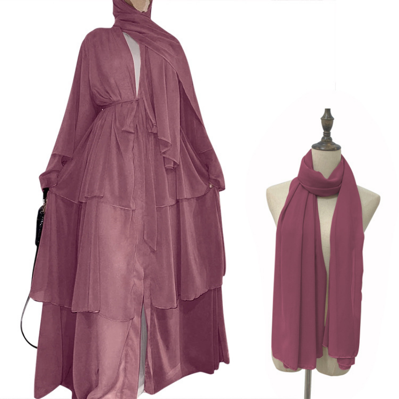 Mode Nähen Drei-schicht Chiffon Elegante Strickjacke Muslimischen Kleid Einfarbig Robe Hijab Tunique Femme Musulman