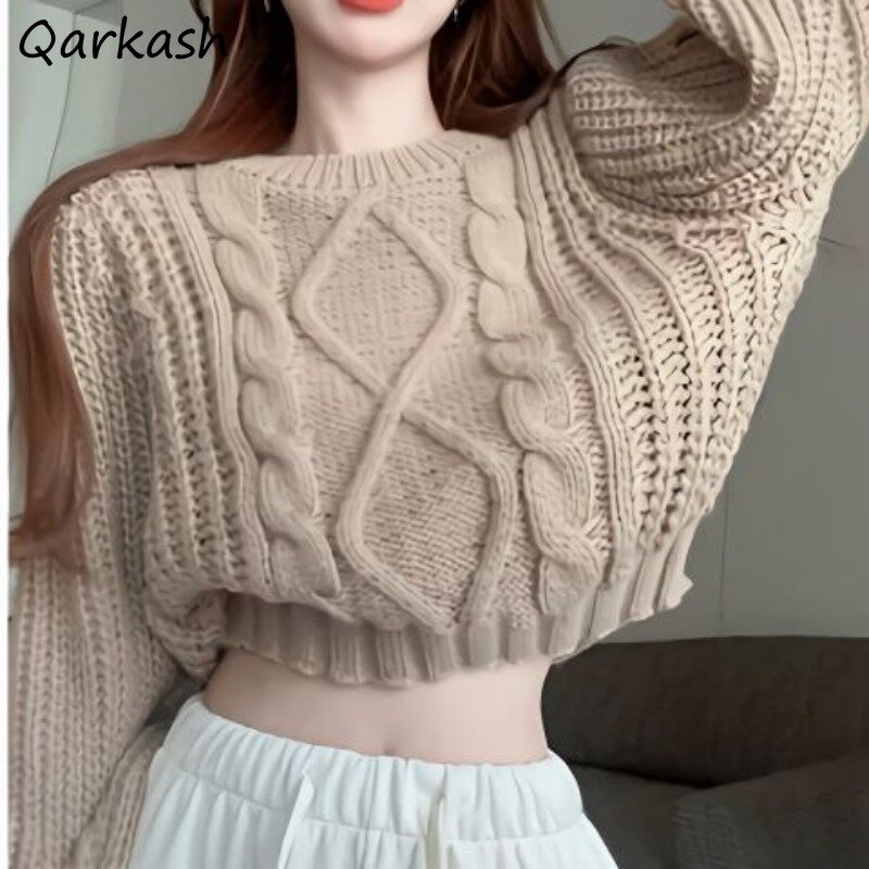 Vintage Short Pullovers Women O-neck Knitted Slouchy New Autumn Winter Twist Solid All-match Streetwear Chic Female Ulzzang