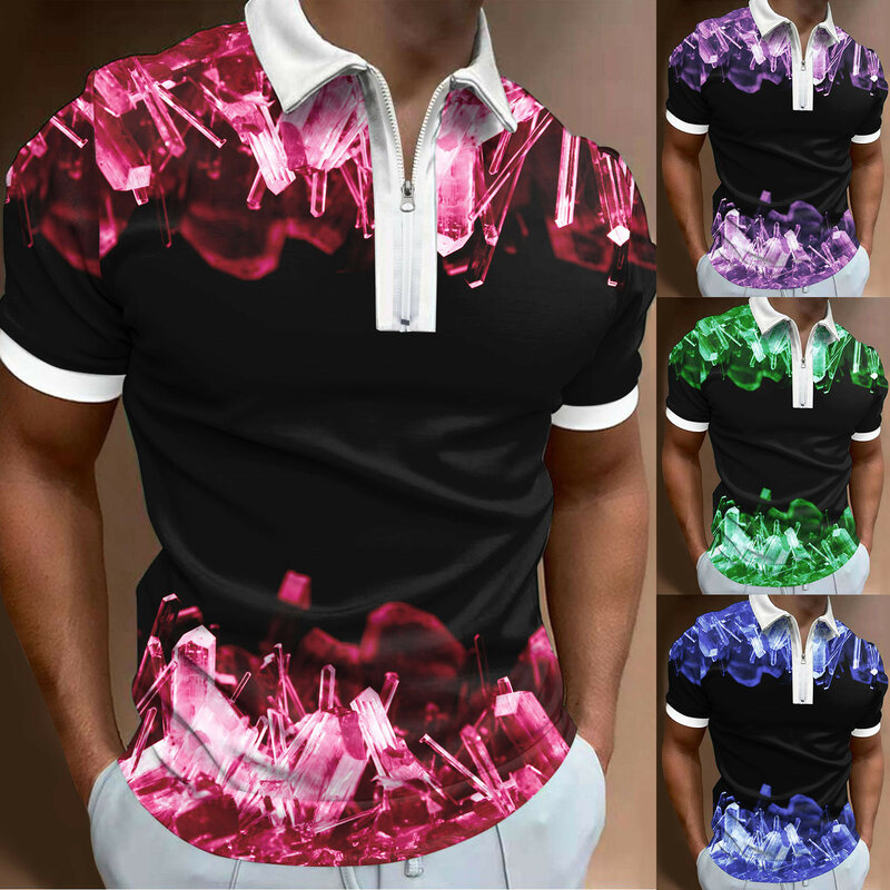 Mens Summer Digital 3D Printing Fashion Poster Holiday Beach Lapel Zipper Short Sleeve Shirt T Shirt Comfortable streetwear