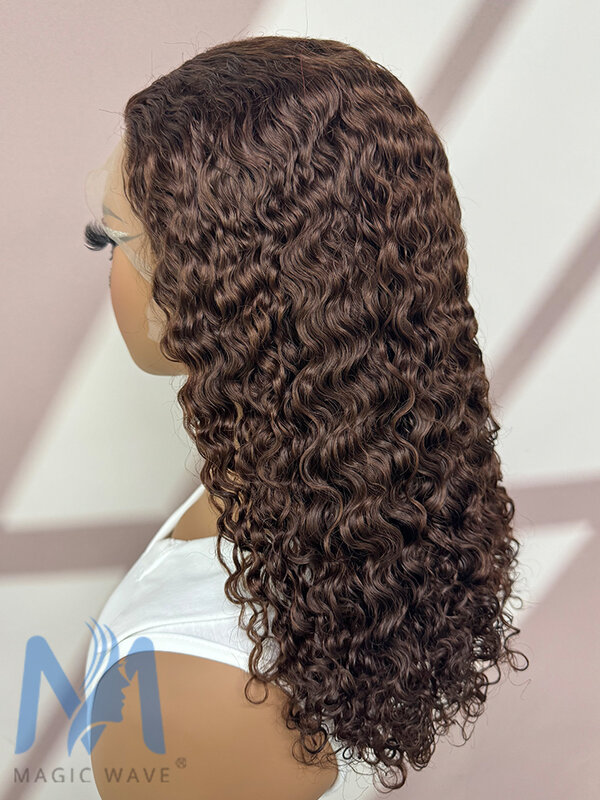 4 # parrucche per capelli umani con onda d'acqua marrone cioccolato per donne nere 250% densità 13x4 parrucca per capelli Remy brasiliani con onda riccia frontale in pizzo