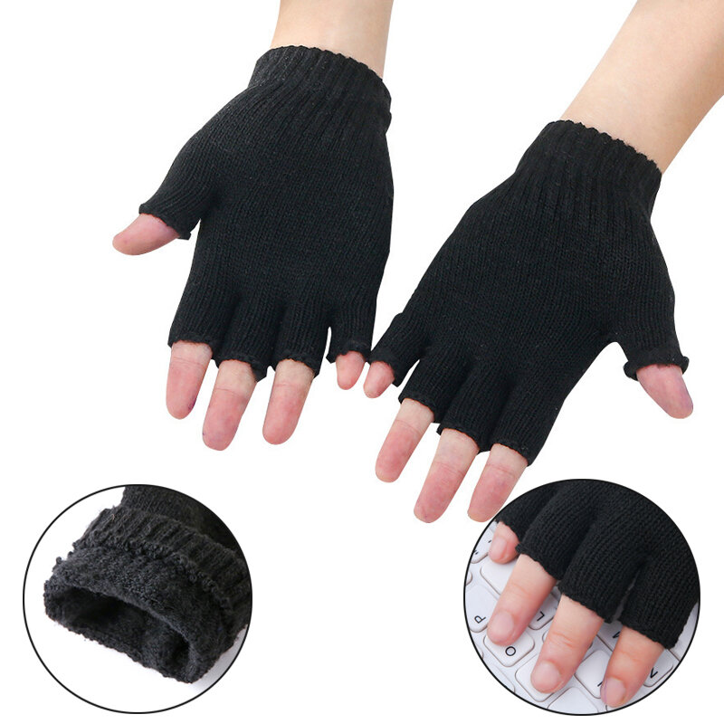 1 Paar schwarze Finger finger handschuhe mit halben Fingern für Frauen und Männer Woll strick handschuhe aus Baumwolle Winter warme Trainings handschuhe