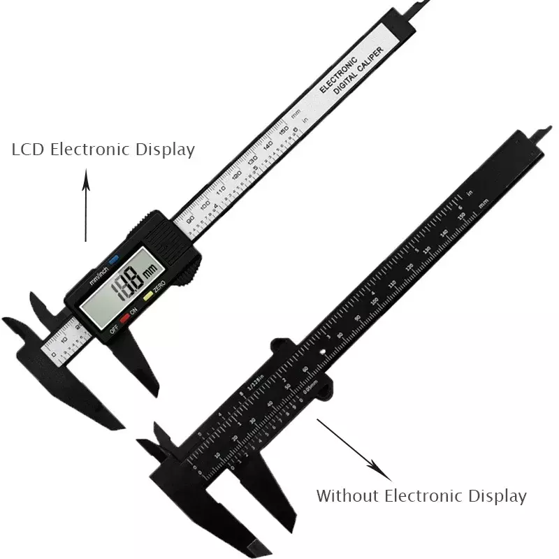Aço inoxidável e plástico LCD Digital Vernier Caliper, 6 Polegada Instrument, ferramentas de medição de profundidade, 0-150mm