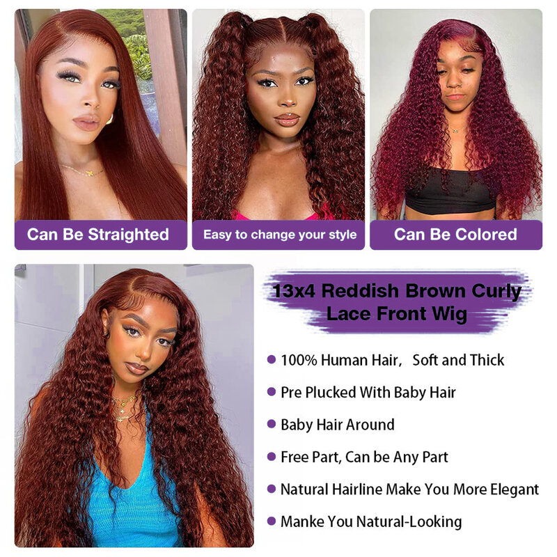 13x6 Reddish Brown Deep Curly Human Hair Wigs 360 Full Lace Front Wigs #33 Colored 5x5 HD Transparent Deep Wave Lace Frontal Wig