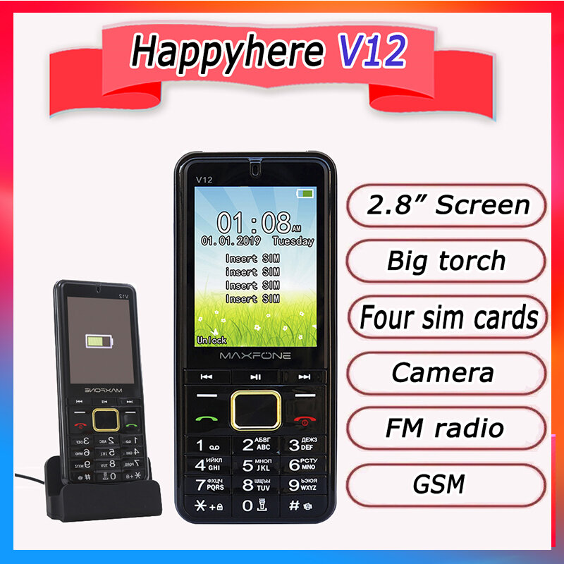 Gsm 4 Sim-kaarten Vier Standby Draagbare Radio MP3 MP4 Camera Grote Zaklamp Recorder China Goedkope Telefoons Russische Toetsenbord