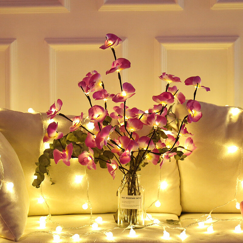LED 스트링 라이트 시뮬레이션 나비 난초 가지 화환 조명, 꽃병 필러, 꽃 요정 조명, 크리스마스 홈 장식, 20 개