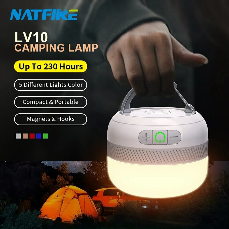 Natfire LV10 cắm trại ánh sáng USB C có thể sạc lại 230 giờ với 5 màu sắc đèn pin cho lều ngoài trời đèn khẩn cấp đèn lồng