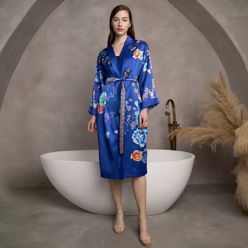 Birdtree 100% шелк тутового шелкопряда Элегантная пижама женская цветочный принт Новый китайский стиль Домашняя одежда 2024 весна лето P41483QC