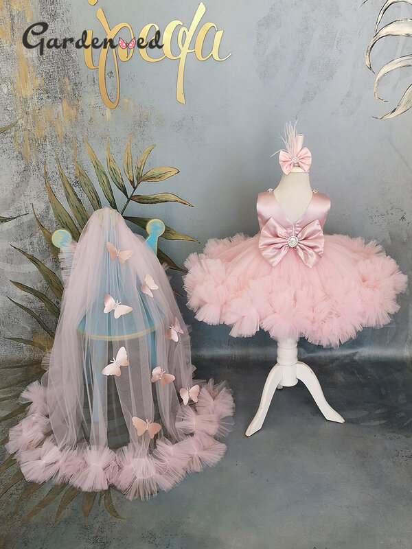 Пышное Платье для девочек, розовое детское платье со шлейфом, Цветочное платье для девочек, милые детские платья на день рождения с бантом, для причастия