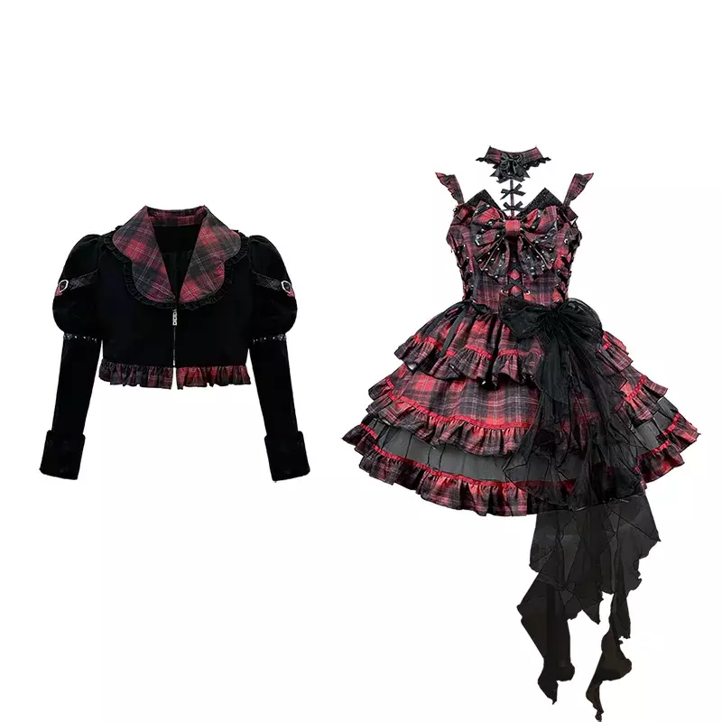 Japanische Gothic Punk Lolita Kleider viktoria nischen Frauen Chic Puff Langarm Crop Jacken Mantel Kawaii Bogen Bandage Plaid Kuchen Kleid