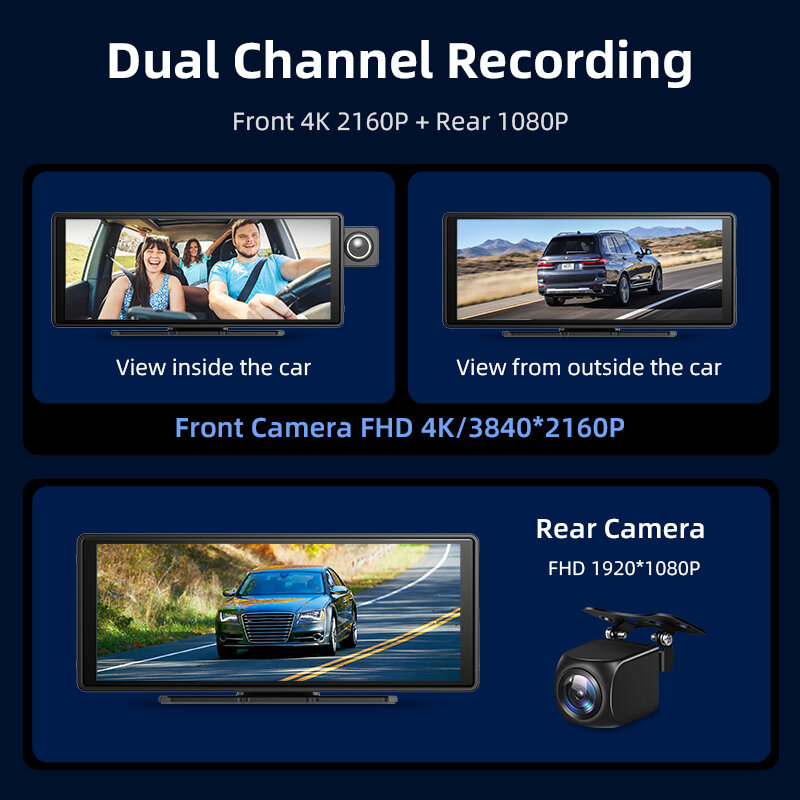 4k Dash Cam 10.26 "drahtlose Carplay Android Auto drehbare Kamera DVR Auto Video recorder Monitor GPS Navigation Park Aux