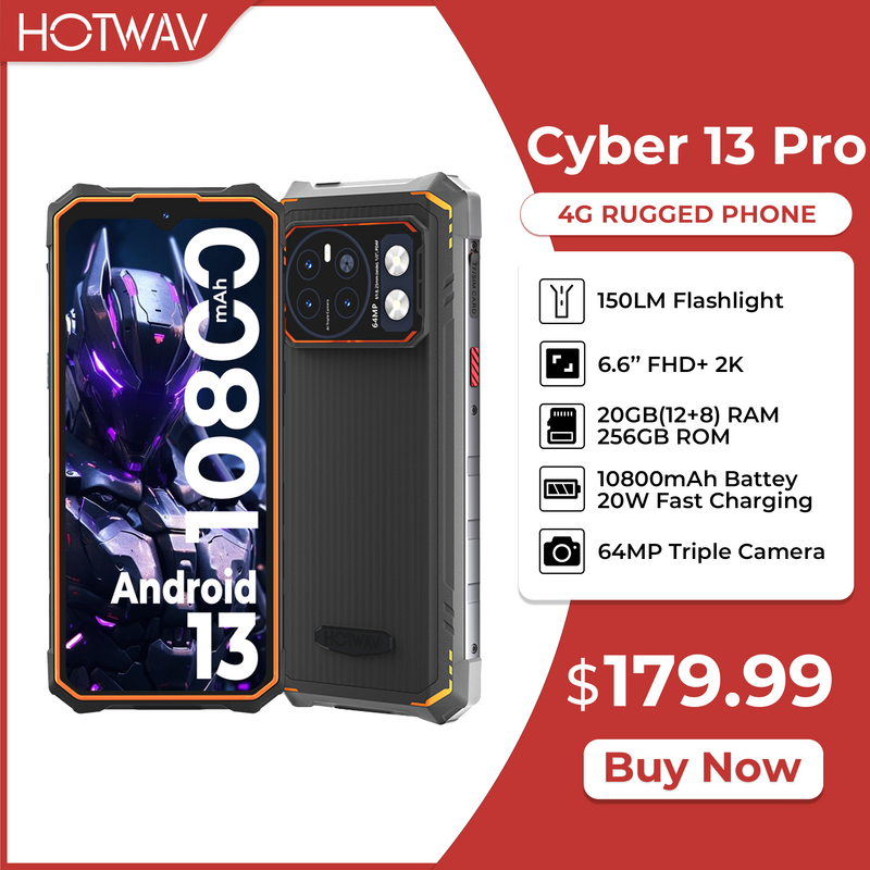 [Première mondiale] HOTWAV Cyber 13 Pro 20 Go + 256 Go 6,6 pouces FHD + 2K 150LM lampe de poche 64MP Android 13 10800mAh 20W charge rapide mondiale
