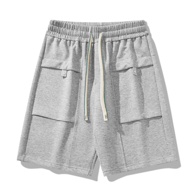 Fashion Loose Elastic Waist Spliced Pockets All-match Bandage Casual Shorts Men's 2024 Summer New Solid Color Korean Shorts