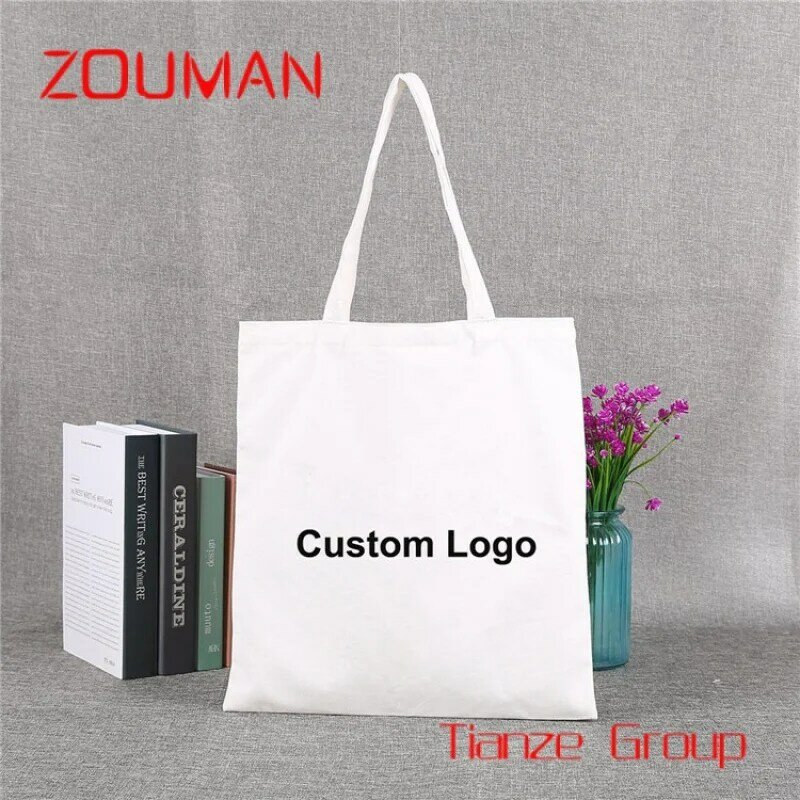 Bolsas de lona de algodón lisas en blanco personalizadas, bolsas de mano de compras reutilizables con logotipo impreso personalizado