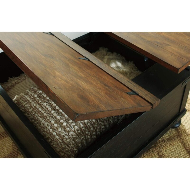 Valebeck Farmhouse Lift Top Coffee Table with Storage, Distressed Brown & Black Finish
