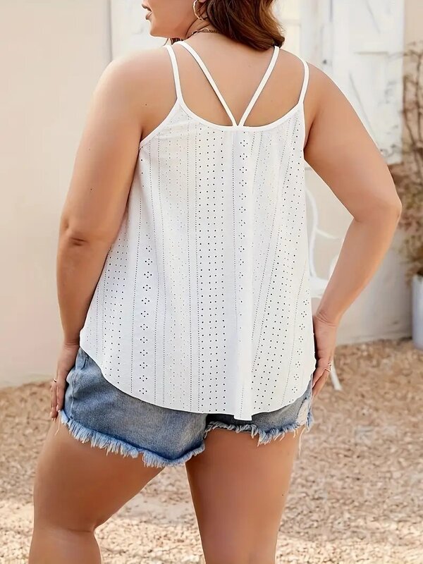 Gibsie Plus Size Witte Ronde Hals Mouwloze Cami Top Dames Zomer Holle Blouses Dames Casual Losse Grote Maat Kleding