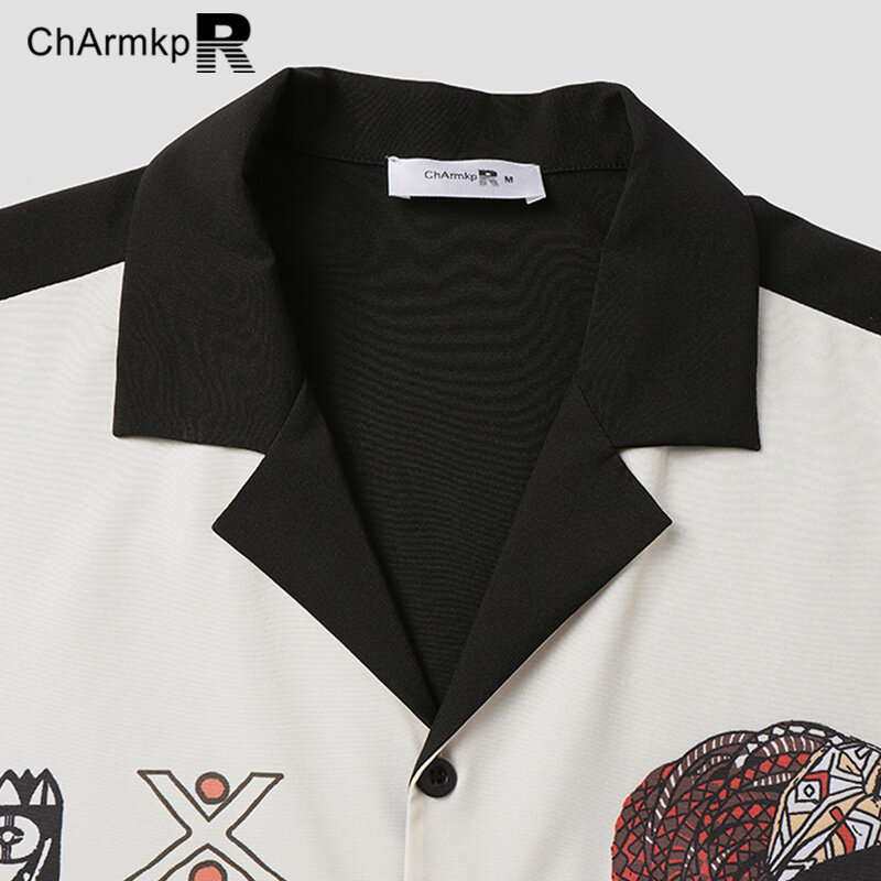 Charmkpr-Camisa de gola virada para baixo masculina, manga curta, camisas com botões, tops masculinos, roupas estampadas vintage, verão, 2022