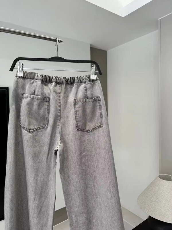 กางเกงยีนส์เอวสูงทรงหลวมแฟชั่นสุดชิคสำหรับผู้หญิงกางเกงยีนส์เอวยางยืดแนวย้อนยุค