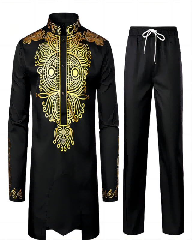 Terno tradicional dashiki masculino, manga comprida, estampado dourado, de botão baixo, camisa e calça, roupa confortável, africano, conjunto de 2 peças