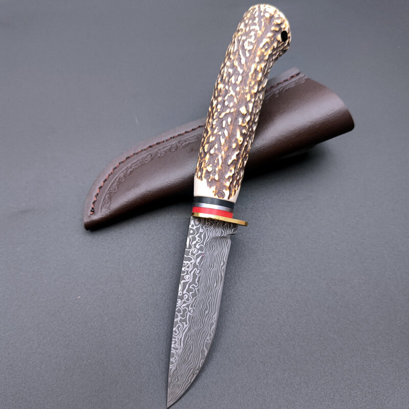 Straight Knife Outdoor Damascus Pattern Bone Imitation Handle Knife Multi functional  High Hardness pocket knife  fixed blade