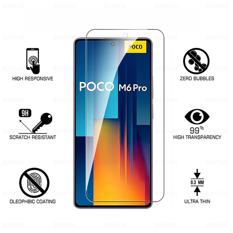 Protetor de tela temperado para Xiaomi, 4in 1, vidro protetor para Xiaomi Poco M6 Pro, PocoM6 Pro, Poxo Poxo, pequeno M6Pro, 4G