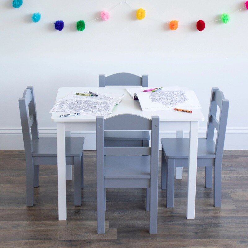 Skromna załoga Springfield 5-częściowy drewniany stół i zestaw mebli z krzesłami dla dzieci w kolorze białym i szarym, w wieku od 3 lat