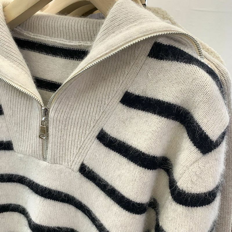 여성용 스트라이프 지퍼 니트 스웨터 풀오버, 루즈한 긴팔 스웨터, 한국 스타일 2023, 가을 겨울 옷