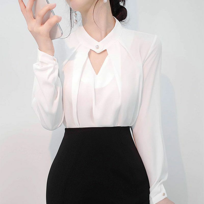 Женская шифоновая блузка с длинным рукавом, белая однотонная свободная Элегантная блузка на пуговицах с вырезами, модная одежда для весны