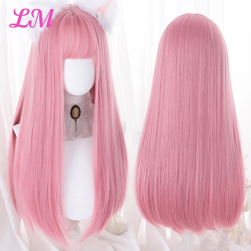 LM parrucca Cosplay con frangia capelli lisci sintetici parrucca rosa lunga resistente al calore da 24 pollici per le donne