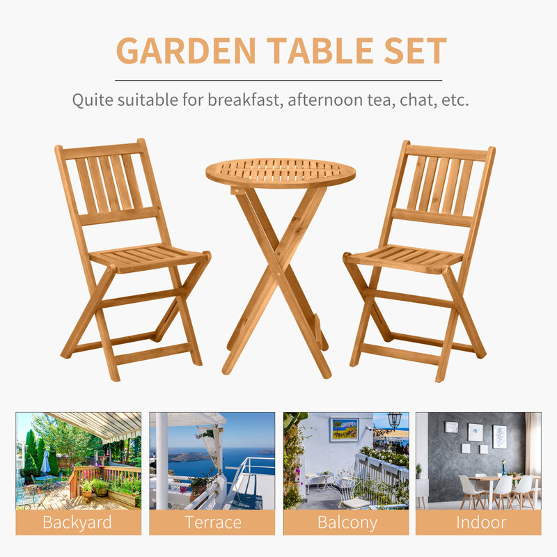Bistro Outsunny 3-częściowy zestaw z drewna akacjowego, składane meble ogrodowe z 2 składanymi krzesłami i okrągłym stolikiem kawowym, drewno tekowe, płetwa z listew