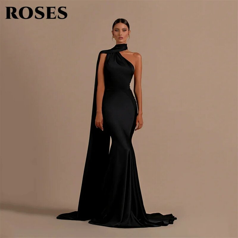 Черное платье для выпускного вечера с розами, Сексуальные вечерние платья с открытой спиной и лямкой на шее, атласное строгое платье без рукавов, облегающее женское платье в пол