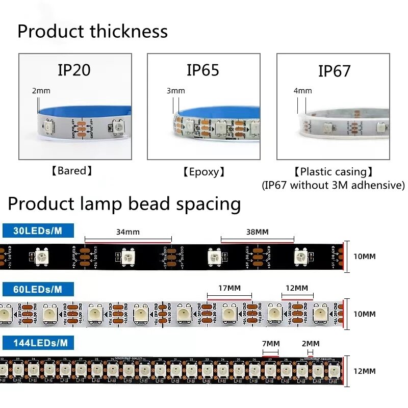 Fita LED endereçável individualmente, Smart Pixels, Preto, Branco, PCB, Impermeável, DC 5V, RGB, WS2812B, 2812, IP30, 65, 67, 1m, 5m