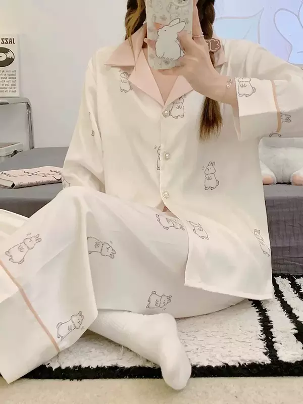 Women'S Pajamas Spring Thin Section Ice Silk High-Quality Ladies Long-Sleeved Cardigan Casual Home Service Suit Kawaii Pajamas