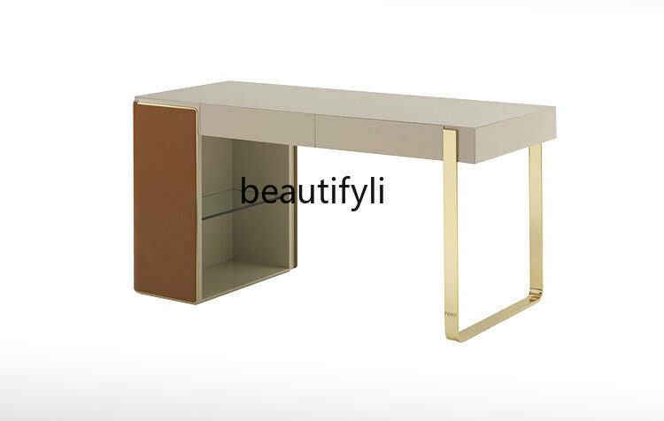 Italian Light Luxury Furniture Post-Modern Solid Wood Leather Dresser Simple Dressing Table with Mirror and Drawer