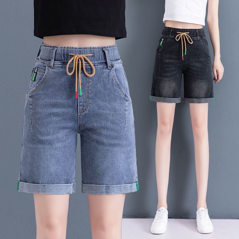 Summer new oversized elastic waist denim loose straight leg thin high waist wide leg shorts