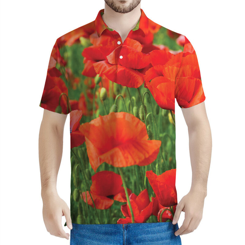 Retro Red Flower Graphic Polo Shirt Men Women 3d Printed Floral T-shirt Tops Summer Loose Short Sleeves Casual Button Tee Shirts