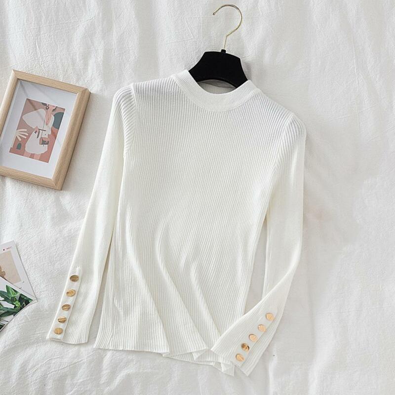 Solid Color Knitted Top Stylish Fall Winter Women's Crew Neck Sweater with Long Sleeves Button Decor Slim Fit Knitted for Neck