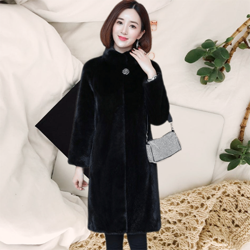 Oversized Faux Mink Fur Coat Women Casual Windproof Midi-Length Winter Jacket Plus Size Loose Stand Collar Fake Fleece Outwear