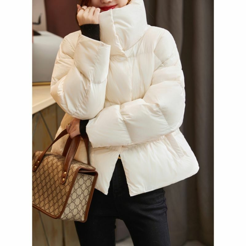 Jaket hoodie wanita, mantel longgar wanita, jaket Puffer kasual, kerah berdiri, anti angin, mantel wanita putih pendek, baru, 2023