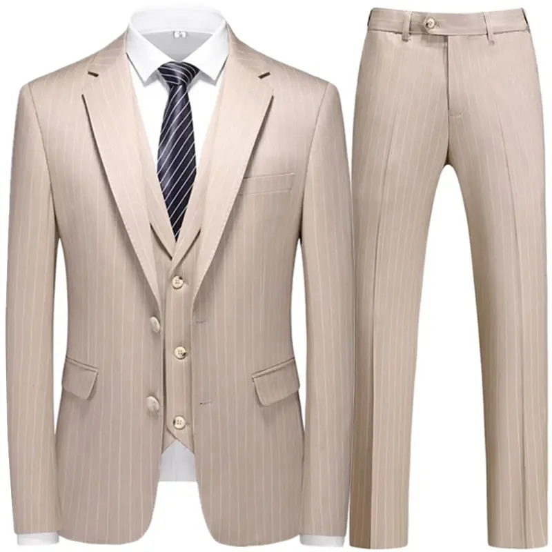 Fashion New Men Leisure Boutique Business Plaid Striped Suit Vest Pants 3 Pcs Set Casual Dress Blazers Jacket Coat Trosers