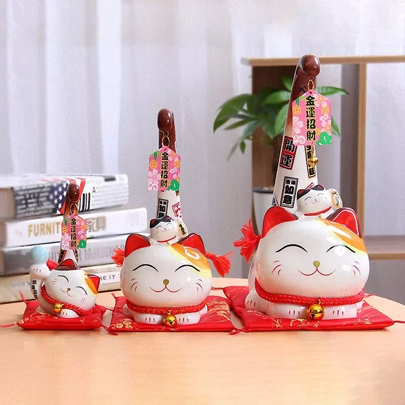 1pc japanischen Stil Maneki Neko Keramik glückliche Katze Cartoon langen Schwanz Katze Statue Feng Shui Business Ornament Home Dekoration