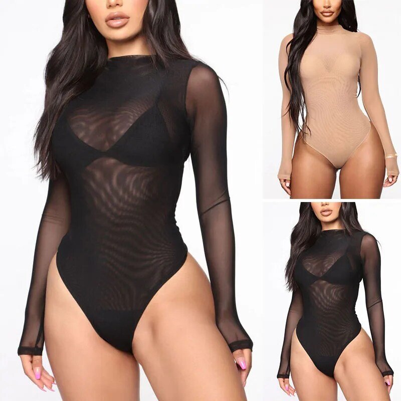 Body transparente sexy feminino, lingerie de malha, cor sólida, macacão de manga longa, ultrafino, elástico, respiração, roupa erótica