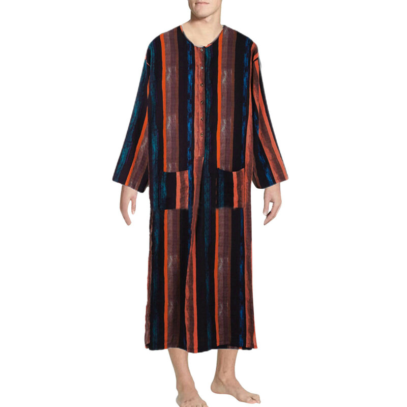 Męskie szaty muzułmańskie arabskie w paski długie z rękawami bawełniana, z kieszeniami guziki, na co dzień Jubba Thobe kieszenie arabskie dubajskie ubrania